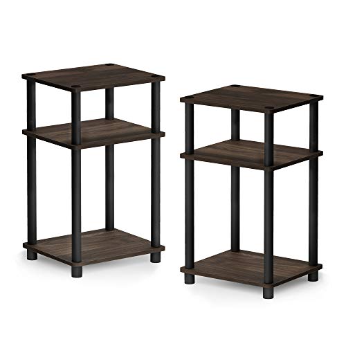 Furinno Just 3-Tier Turn-N-Tube End Table / Side Table / Night Stand / Bedside Table with Plastic Poles, 2-Pack, Columbia Walnut/Black - color: Columbia Walnut/Black, size: 3-Tier, Round Pole, style: 2-Pack