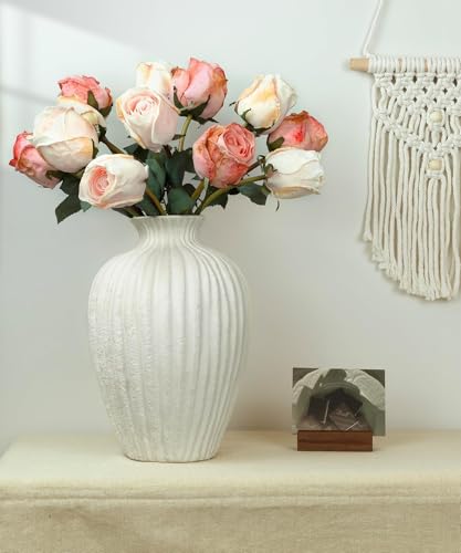 Handmade Ceramic Decorative Vase – Warm White Rustic Textured 10.4” Round Vase with Irregular Waves and Weathered Stone Finish for Home, Office, Farmhouse Decor - size: Large