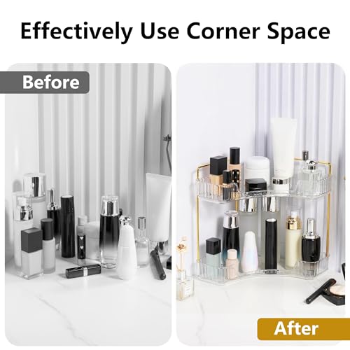 YCIA&DONE Corner Bathroom Counter Organizer, Makeup Organizer for Vanity, Skincare Cosmetic Perfume Tray, Corner Countertop Shelf Rack Storage for Bathroom Kitchen 2 Tiers (Clear White) - color: White, size: 2-Tier