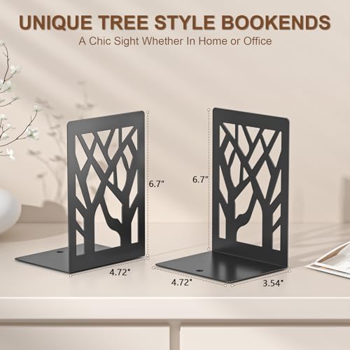 VFINE 6-Piece Modern Metal Bookends for Shelves, Black Tree Book Ends for Books, Decorative Book Organizer for Desk, Non-Skid Shelve Bookends for Home Office - style: Black bookend 3 pairs