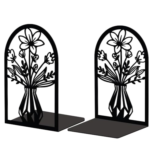 Peacoblue Metal Bookends for Shelves, Modern Decorative Heavy Duty Study Book Support Stoppers for Office, Desk, Shelf, Room 5.3"x4.3"x7.9" Cast Iron Simple Bookends, 1 Pair (Vase with Flowers) - color: Vase With Flowers