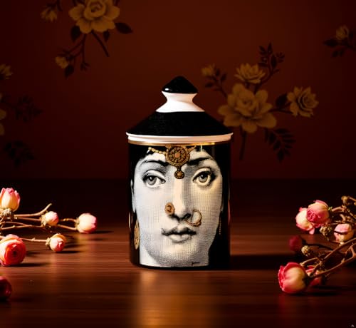 AlphaDesignLuxe Decorative Candle Holder Handcrafted Aromatherapy Candle Jar Italian Designer Décor Fashionable Tabletop Vase Modern Art Female Face Eyes Lips Centerpiece. (Floral Yellow)