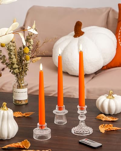 Stmarry Orange Flameless Taper Candles with Remote and Timer, 9.65 Inch Real Wax LED Candlesticks, Fall Taper Candles Battery Operated with 3D Flickering Flame, Thanksgiving Candles for Table, 3 Pack - color: Orange, size: 3 Pack