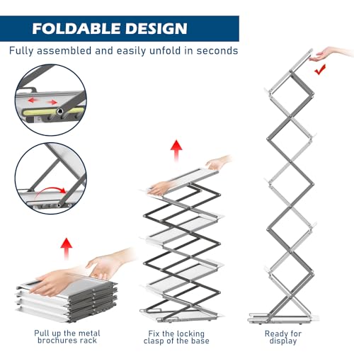6 Pockets Foldable Literature Rack - Aluminum Magazine Rack, Brochure Catalog Display Stand with Carrying Bag for Exhibition, Trade Show, Office, Retail Store, Home - Silver