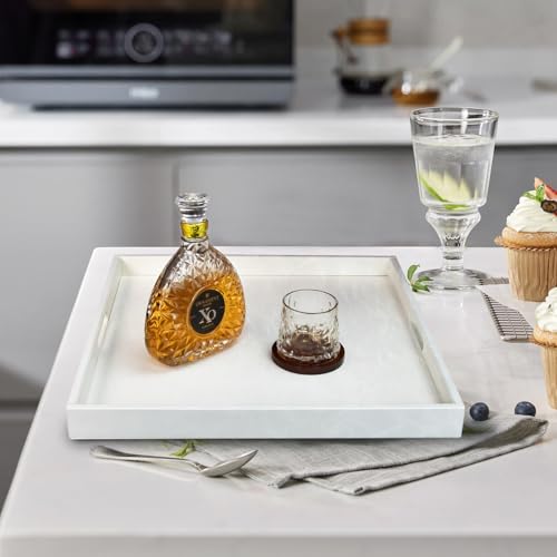 20 * 14 inches Leather Rectangle Serving Tray with Hole Handles,High-End Light Large Service Tray for Ottoman Tray, Tea, Food, Butler - Countertop, Kitchen,Family Dinner, Picnic (White) - color: White, size: 20" x 14" x 2"