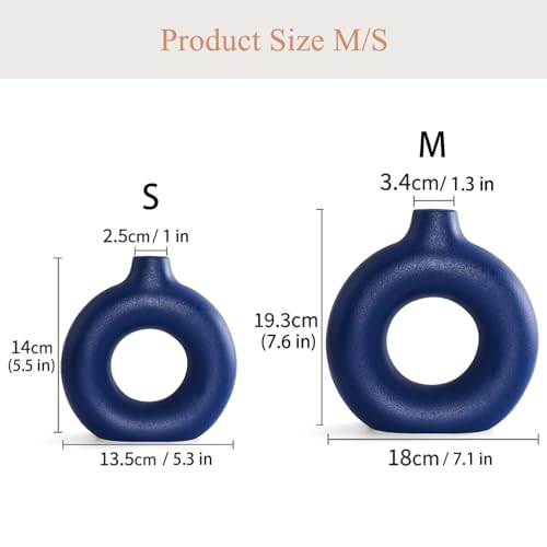 Blue Ceramic Donut Vase Set of 2, Hollow Round Matte Pampas Flower Vases for Boho Home Wedding Party Room Dinner Table Shelf Decor.（Blue） - color: Blue, size: Donut Set of 2