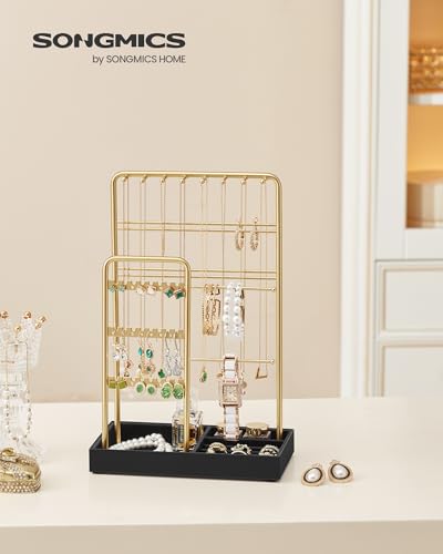 SONGMICS Jewelry Holder, Jewelry Organizer Display Stand with Metal Frame, Velvet Tray, Necklace Earring Bracelet Holder, for Studs, Rings, Gift Idea, Pale Gold and Ink Black UJJS021AB02 - color: Pale Gold + Ink Black, size: 4.5"D x 7.7"W x 12.1"H