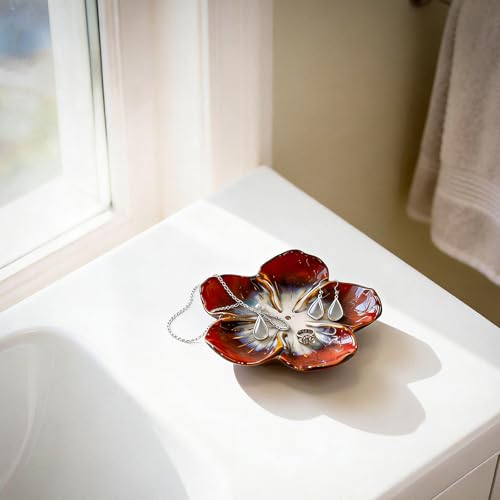 SEEDUSTRY Ceramic Jewelry Tray, Petal Ring Dish, Small Ceramic Jewelry Trinket Holder, Desktop Decoration, Dainty‌ Plate for Rings, Earrings, Necklace, Gifts for Mother Girlfriend Daughter Sister - color: Ink Red