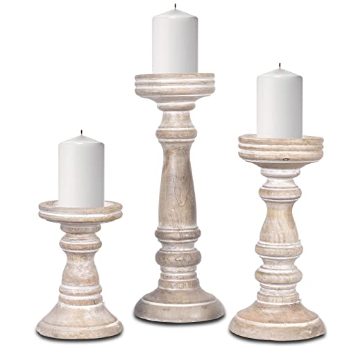 Mela Artisans Whitewashed Hand Carved Wooden Pillar Candle Holders - Set of 3 | Chennai Decorative Style | Crafted from Mango Wood | Rustic Table Centerpiece Decor | Sized 6", 9" and 12" - color: Whitewash