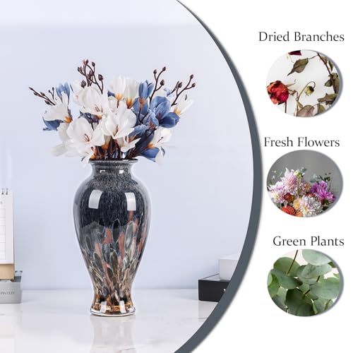 11.8" Tall Amber Blue Glass Vase Beautiful Hand Blown Glass Vase Modern Art Home Decor, Wide Mouth Colorful Vases for Mantle Dining Table Centerpiece, Entryway Living Room Wedding Decoration - color: Amber