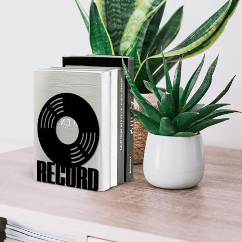 Peacoblue Metal Bookends for Shelves, Modern Decorative Heavy Duty Study Book Support Stoppers for Office, Desk, Shelf, Room 5.3"x4.3"x6.7" Cast Iron Simple Tall Bookends, 1 Pair (Vinyl Records) - style: Vinyl Records