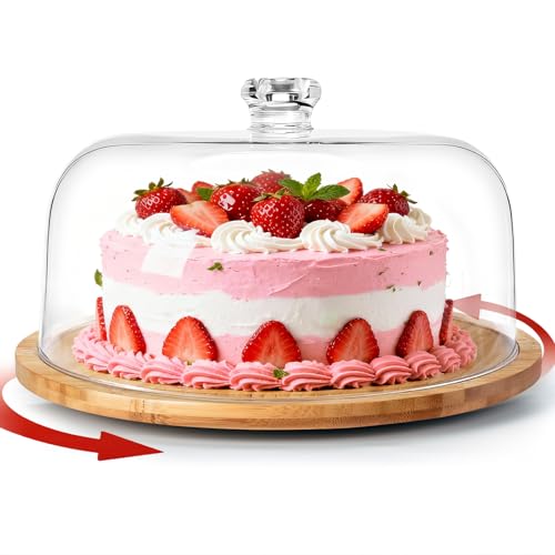 Masthome 11 IN Cake Stand with Lid, Bamboo Wood Rotating Cake Holder with Dome, BPA Free Cake Dish with Cover, Cake Plate with Cover for Birthday/Kitchen/Party/Weddings - color: Rotating Bamboo Cake Stand With Dome
