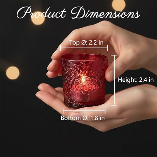 12 Pack Mandala Embossed Glass Candle Holders – Votive Tealight Holders with Patent Design, Decorative Embossed Glass Cups for Wedding Centerpieces, Parties, and Home Décor (Wildberry Red) - color: Wildberry Red