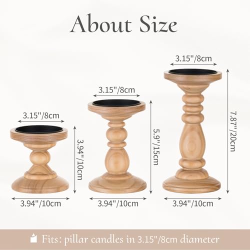 Wood Pillar Candle Holder: Rustic Wooden Candle Stand Farmhouse Fall Decor Distressed Brown Centerpieces for Tables Mantel Dining Living Room Christmas Set of 3 - color: Brown, size: 3.94", 5.9", 7.87"
