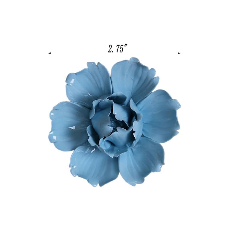 Handmade Ceramic Wall Flower Porcelain Decorative Flowers 3D Wall Hanging Decor for Living Room Bedroom,Blue Peony 2.75(Small) - color: Blue, size: Small