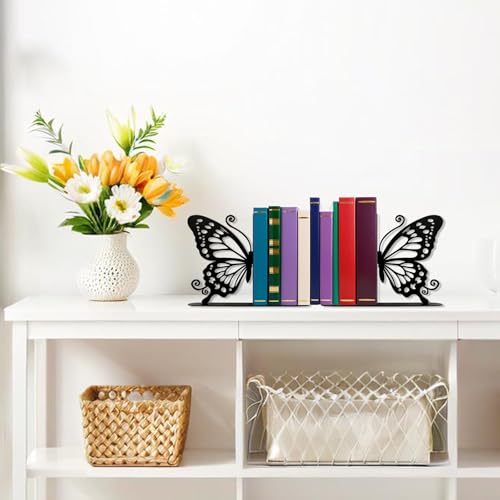 Metal Butterfly Bookends Cute Book Ends for Home Office Decor Bookshelf Decor Accessories Ideal Gift for Book Lovers(Black)
