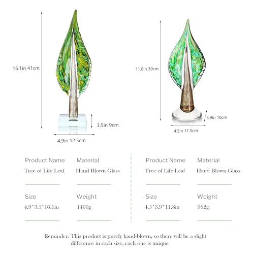 QFkris Blown Glass Tree of Life Leaf Sculpture for Home Decor, 12inch Hand Blown Glass Art Decorative Statue for Book Shelf Living Room Office Desk Home Decoration Accents Collectible Figurines - size: Large Plus