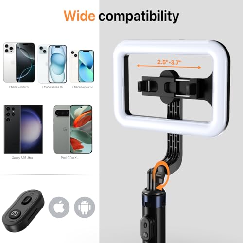 M MYBAT PRO 9" Outdoor Selfie Light - 72" Extendable Tripod Stand with 4-Leg Base, Portable Dimmable LED Lights for Travel/Camping/Riding, Phone Holder & Wireless Remote for YouTube/TikTok/Video