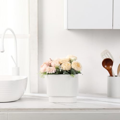White Ceramic Flower Vase, Modern Decorative Vases for Decor, Ribbed Ceramic Vase, Rectangle Vases for Living Room, Office, Mantel, Wedding, Dinning Table, 7 Inches - color: White, size: Medium Rectangle