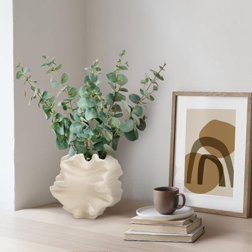 Cedilis Off White Ceramic Flower Vase, 6 Inch Decorative Aesthetic Pampas Grass Textured Vase for Table, Shelf, Mantel, Entryway, Modern Home Decor, Coral-Like