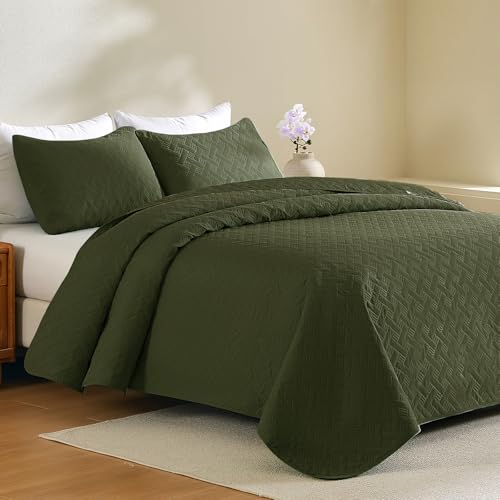 JYHOPE Olive Green Twin Quilt Set 68x90 Lightweight Microfabric Bedspread, 3-Piece Quilt Bedding with Pillow Shams, Summer Cooling Quilts, Ribbon Wrapped Gift - color: Weave Pattern-olive Green, size: Twin(68x90)
