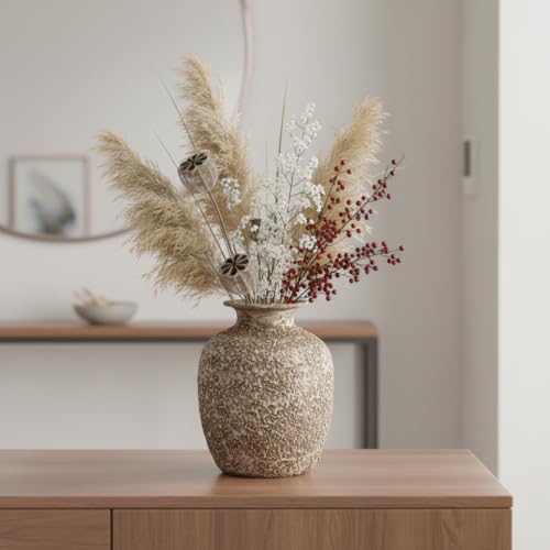 Brown Ceramic Vase - 7 Inch Rustic Textured Vase for Flower, Terracotta Farmhouse Vases for Home Decor, Coffee Table, Artificial Branches, Night Stand Decor - color: Rustic Brown
