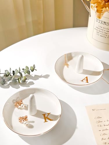 Ceramic Initials Jewelry Tray Ring Dish With Personalized V-Monogrammed Engagement Wedding Gifts, for Birthday Mother's Day for Women, Ceramic White 4.7" x2.4" - style: V