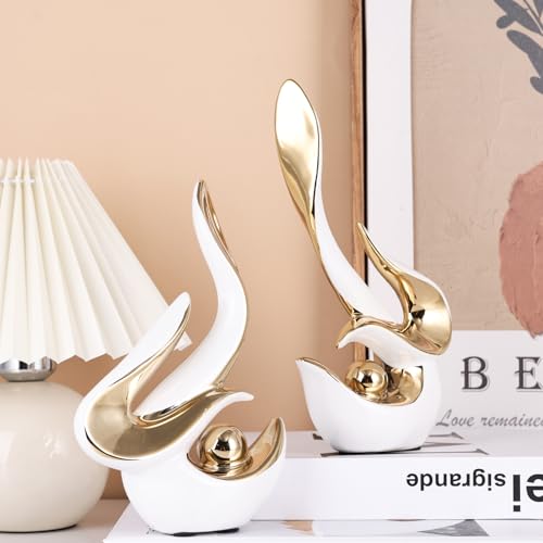 Mid Century Modern Abstract Art Home Decor Accent,Porcelain Statues for Living Room Coffee Table Centerpieces for Dining Room,Ceramic Sculptures and Gold Knick Knacks for TV Stand Decor (White Gold) - color: White Gold