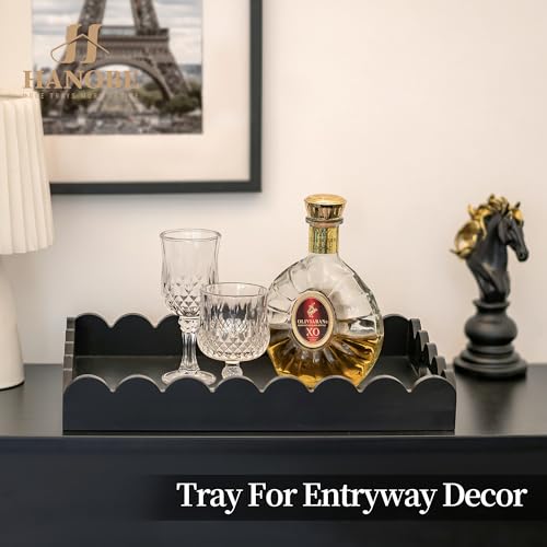 Hanobe Decorative Tray for Coffee Table: Serving Tray Decor with Scalloped Edge - Black Entryway Decor for Living Room Kitchen Counter