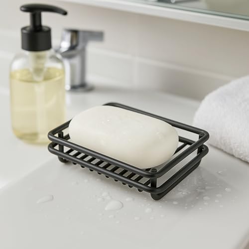 Creative Home Metal Wire Soap Dish Tray Rust-Resistant Iron Bathroom Holder with Black Powder Coating Bar Soap Rack for Shower Sink Kitchen Vanity, 3.1 x 4.4 x 1 H Inch - color: Black