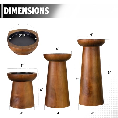 Pillar Candle Holders Set of 3， Wooden Candle Holders， Decorative Wood Candlestick Holders for Living Room, Table Centerpiece for Wedding, Christmas, Party, Home - 4", 6", 8"