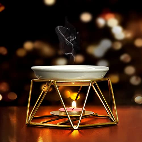 SXCHEN Tealight Oil Burner Ceramic Essential Oil Burner Tealight Candle Holder Aroma Scented Candle Oil Diffuser Glod Metal Tea Light Wax Melt Warmer Furnace Home Decoration - color: Gold