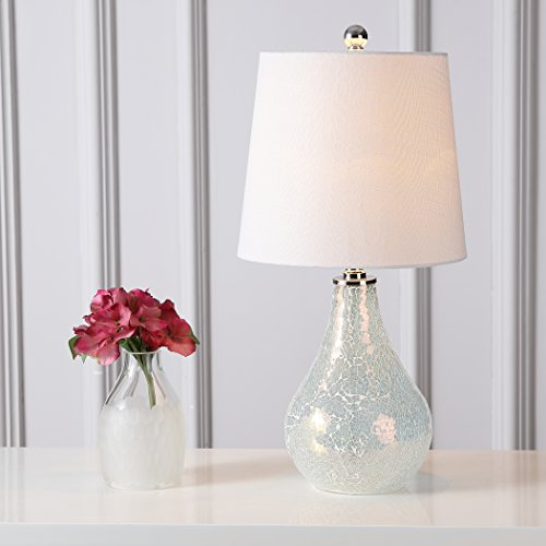 JONATHAN Y 20.5" Mosaic White Coastal Mini LED Table Lamp for Living Room Office, White Linen Drum Shade, Modern Mother of Pearl Bedside Nightstand Lamp, LED Bulb Included (JYL1024B) - color: White