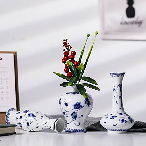 Blue and White Small Bud Vase Set, 3 Petite Classic Oriental Bottle Vases for Window sill, Mini Art Fambe Glaze Floral Porcelain Vase Idea Shelf décor and Coffee Table décor - color: Blue & White No.3