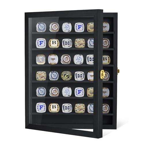 Championship Ring Display Case, 36 Ring Posts Sports Ring Display Case Wooden Shadow Box for Baseball Basketball Football Softball Award Rings Fan Souvenirs