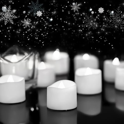 Homemory 48-Pack Cool White Novelty Flickering Flameless Tea Lights, 200+Hours Battery-Operated LED Fake Candles for Wedding Table Centerpieces,Proposal,Anniversary, White Base, Ø1.5'' × H1.3'' - color: Cool White Glow, White Base, size: Pack of 48