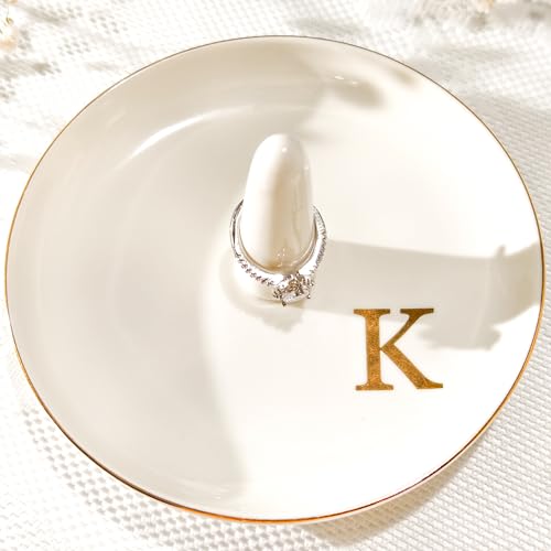 Ceramic Initials Jewelry Tray Ring Dish With Personalized K-Monogrammed Engagement Wedding Gifts, for Birthday Mother's Day for Women, Ceramic White 4.7" x2.4" - style: K