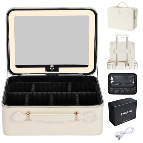 Faquenc Leather Makeup Case with LED Lighted Mirror 11.4 Inch Travel Makeup Bag Adjustable Brightness in 3 Colors Cosmetic Organizer Artist Storage Bag with Dividers Brush Holder Bag Vanity White - color: 11.4 Inch White, size: 2-Medium