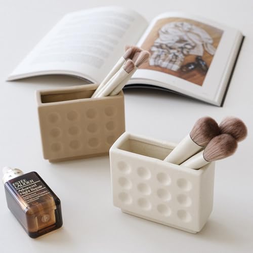 Abstract Square Face Pen Holder, Modern and Minimalistic Desk Accessories (Matte Crème) - color: Matte Crème