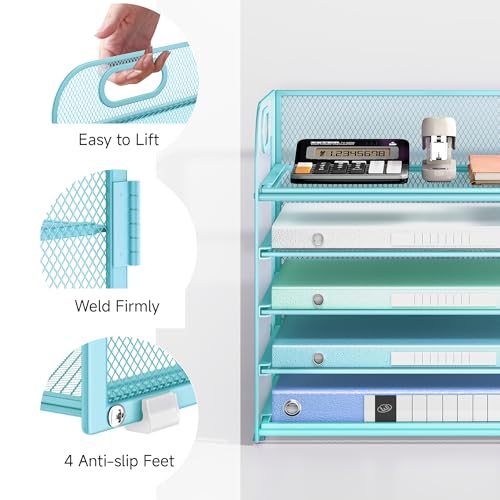 Lavatino Desk Letter Tray Paper Organizer for Desk 5-Tier with Handle Mesh Desktop File Organizer Paper Holder for Classroom Office Accessories - Blue - color: 5 Tier - Blue, size: 12.6" x 9.1" x 11.5"