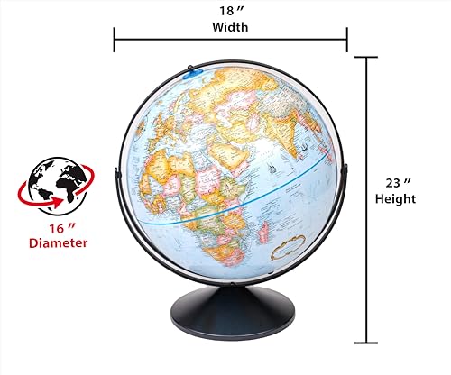Replogle Eureka 16 inch desktop globe with up to date blue raised relief map and full swing gyromatic assembly. The beautiful blue ocean product has vast amounts of up-to-date information will pique the interest of any geographical connoisseur of all ages
