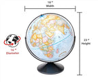 Replogle Eureka 16 inch desktop globe with up to date blue raised relief map and full swing gyromatic assembly. The beautiful blue ocean product has vast amounts of up-to-date information will pique the interest of any geographical connoisseur of all ages