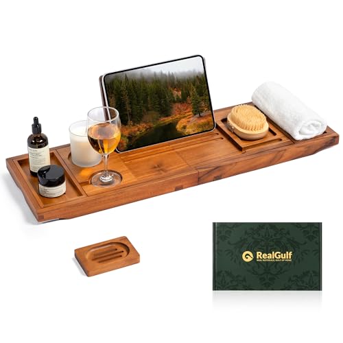 Teak Bathtub Tray, Bath Caddy with Wine Glass Holder, Phone Dock & Book Stand | Hands-Free Reading & Ultimate Spa Relaxation Experience-Natural - color: Classic Teak Finish