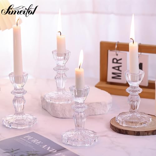 Glass Candlestick Holders Set 6PCS, Clear Taper Candle Holders Bulk, Crystal Tall Candle Holder for Table Centerpieces, Fall, Christmas, Autumn, Thanksgiving Decor - color: Clear, size: Flower