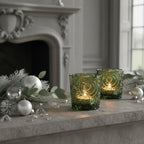 6 Pack Patented Sun Moon Star Embossed Glass Tea Light Candle Holders - Unique Votive Candle Holders for Wedding, Party, and Table Centerpieces (Moss Green) - color: Moss Green