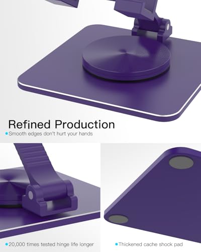 Cell Phone & Tablet Stand for Desk, Aluminum Adjustable Holder for iPhone, iPad & Smartphones || Foldable Mount with 360° Swivel, Stable Base & Portable Design for 4–9.7in Devices, Purple - color: Purple