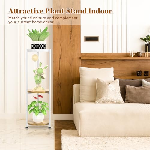 KMOTASUO 3 Tier White Plant Stand Indoor for Large Tall Heavy Duty Planter, Multiple Sturdy Metal Flower Corner Rack for Narrow House Floor, Iron Vertical Level Round Orchi Holder Organizer, Modern - color: White + Brown, size: 3 Tier