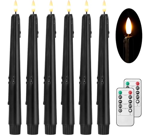 Stmarry Black Flameless Taper Candles with Remote and Timer - 9.65 Inch Real Wax LED Candlesticks - Wax Drip Battery Operated Halloween Taper Candles with 3D Flickering Flame Halloween Decor, 6 Pack - color: Black, size: 6 Pack