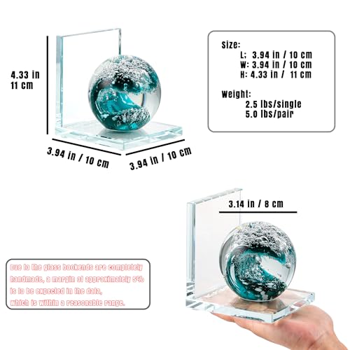 Book Ends for Shelves, Glass Bookends with Dark Blue Glass Hand Blown Sea Wave Ball, Non Skid Sturdy Decorative Bookends for Ocean Lovers, Heavy Books, Office, Set of 2 - color: Dark Blue