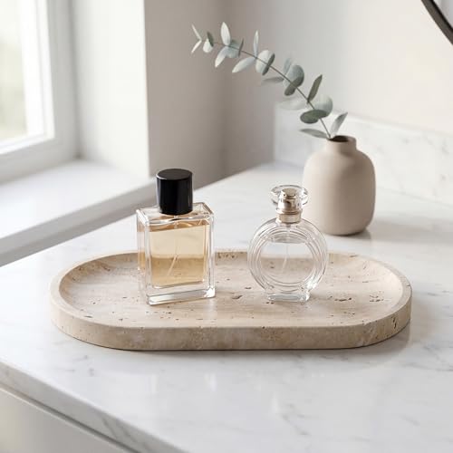 Natural Italian Travertine Tray Oval Decorative Marble Vanity Tray for Bathroom Countertop Hand-Polished Organizer for Kitchen Soap Jewelry Coffee Table Beige (11.8X5.9 Inch)